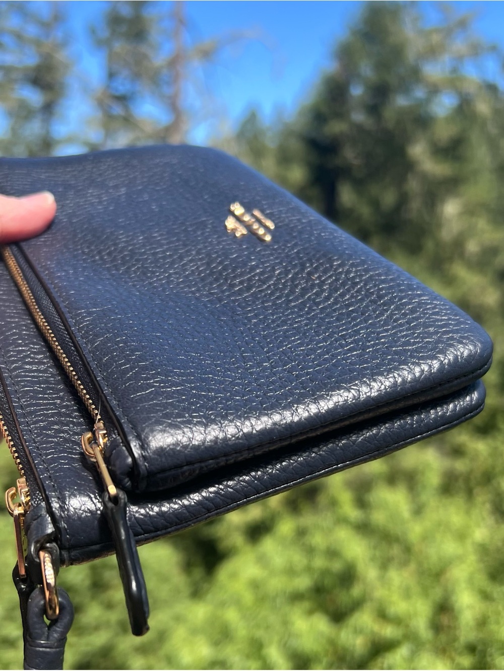COACH Women's Double Zip Wallet Wristlet Navy Blue Pebbled Leather Gold Hardware - Picture 7 of 10